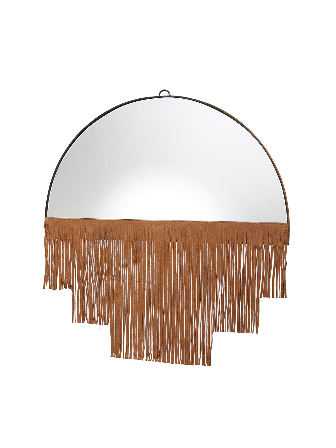 Brown Fringe Tassle Wall Mirror with Wooden Frame - Circular