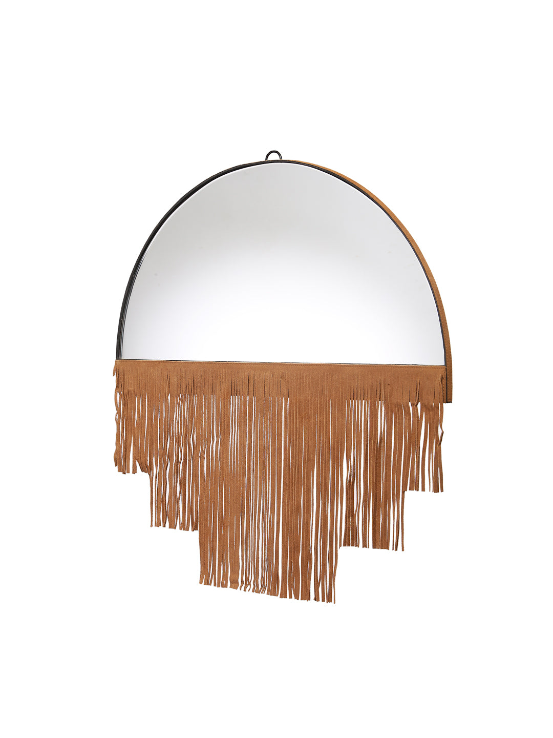 Brown Fringe Tassle Wall Mirror with Wooden Frame - Circular
