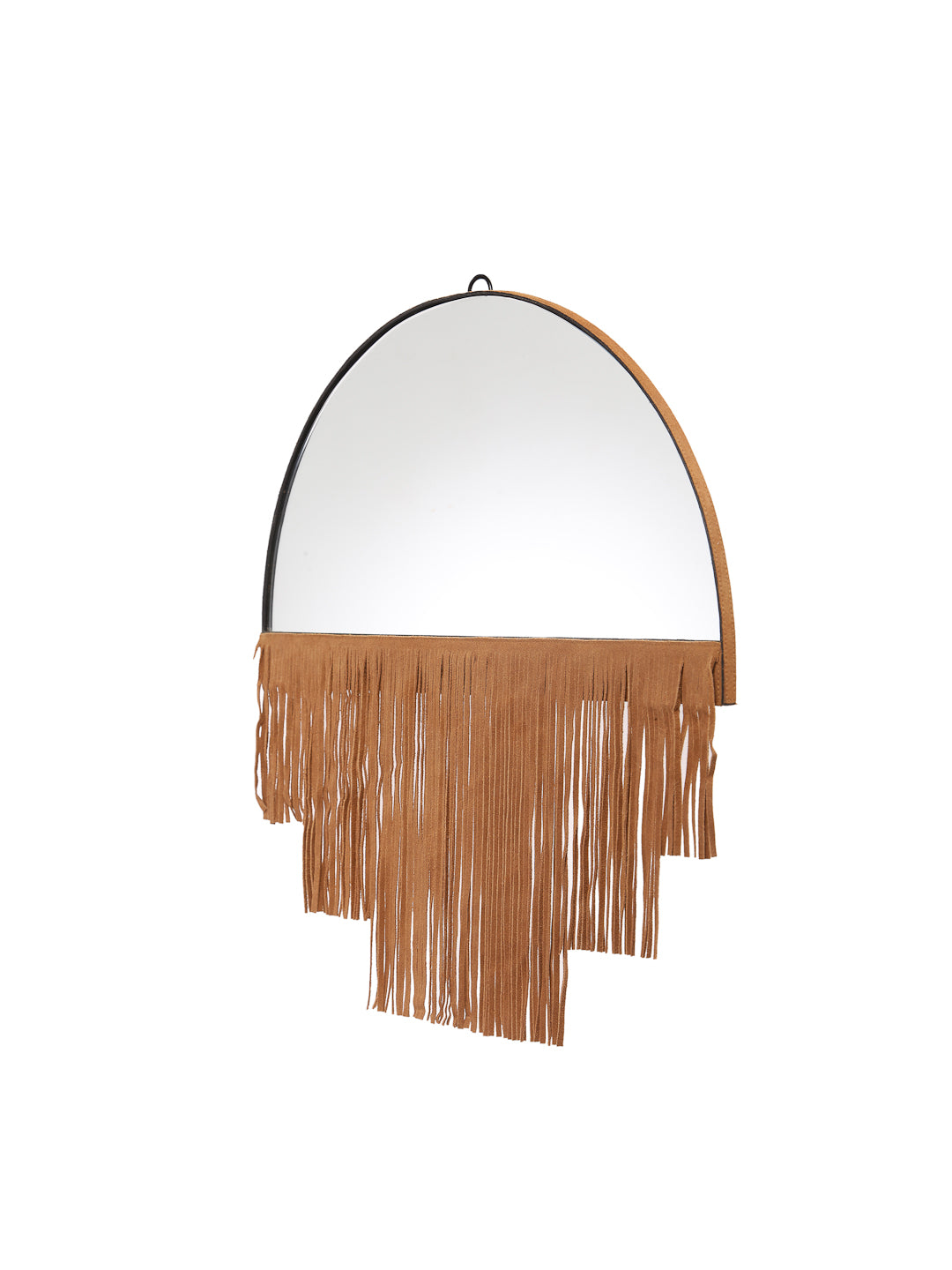 Brown Fringe Tassle Wall Mirror with Wooden Frame - Circular