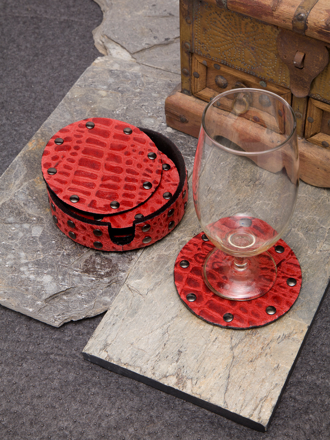 Genuine Leather Round Coasters - Set of 6 - Printed - Handmade - Multiple Colors