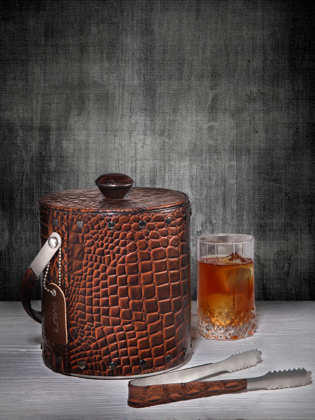 Genuine Leather-clad Ice Bucket with Tongs - Textured- Multiple Colors