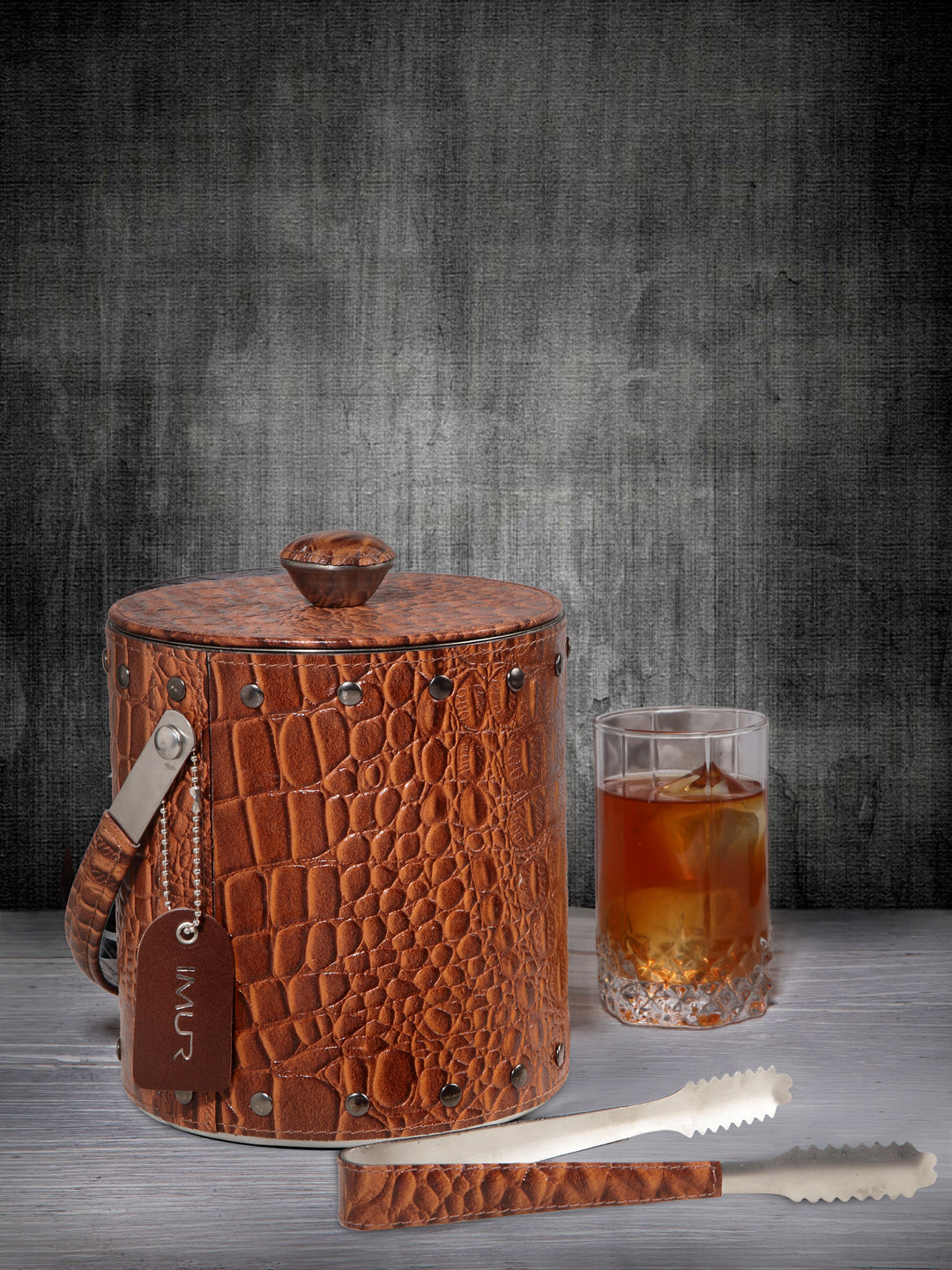 Genuine Leather-clad Ice Bucket with Tongs - Textured- Multiple Colors