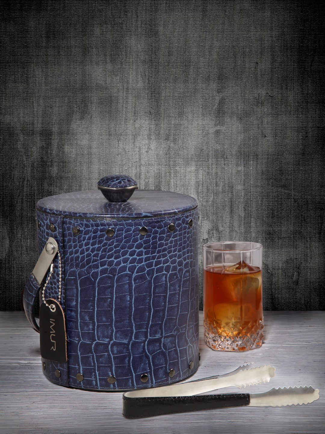 Genuine Leather-clad Ice Bucket with Tongs - Textured- Multiple Colors