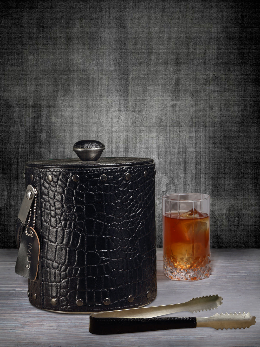 Genuine Leather-clad Ice Bucket with Tongs - Textured- Multiple Colors