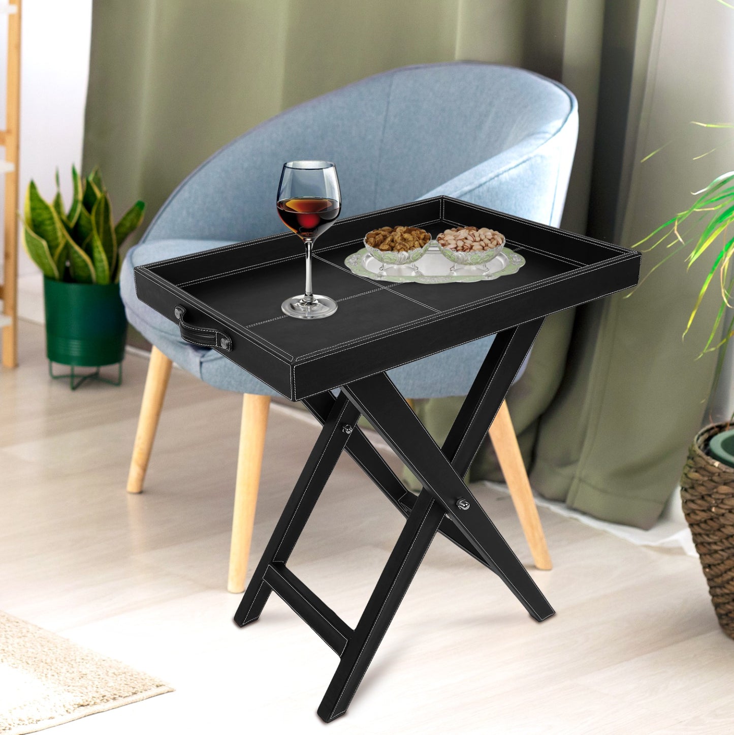 Leather Butler Bar Table | Portable Bar | Side Table | Consol | Tray - Foldable