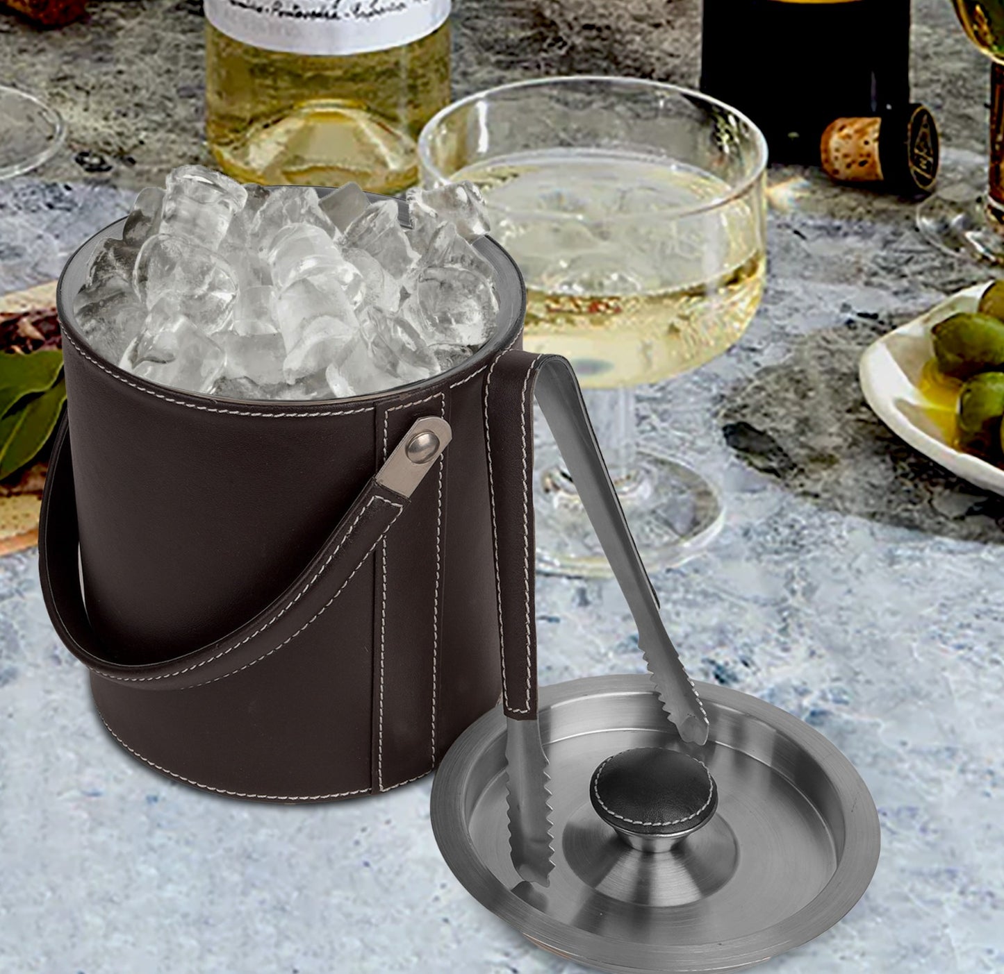 Leather-clad Ice Bucket with Tongs - Smooth Stitch - Brown