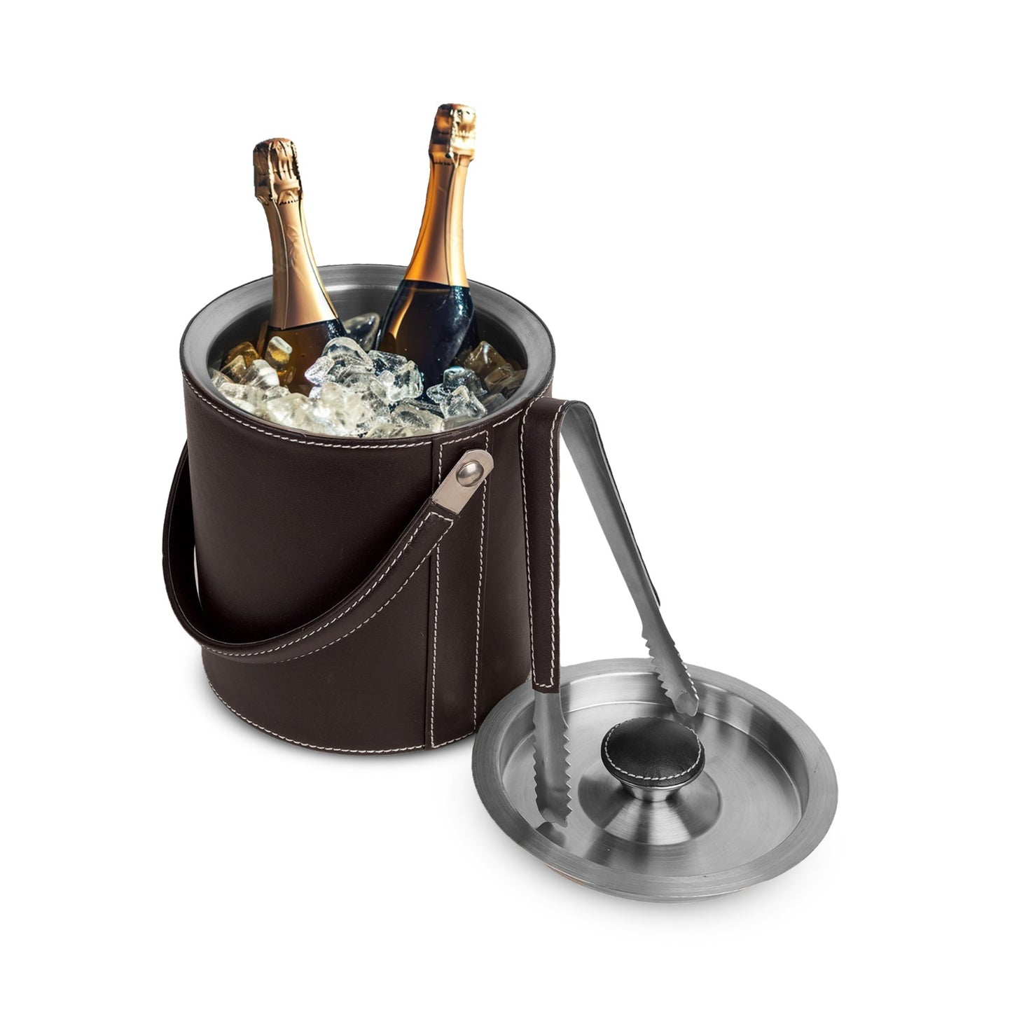 Leather-clad Ice Bucket with Tongs - Smooth Stitch - Brown