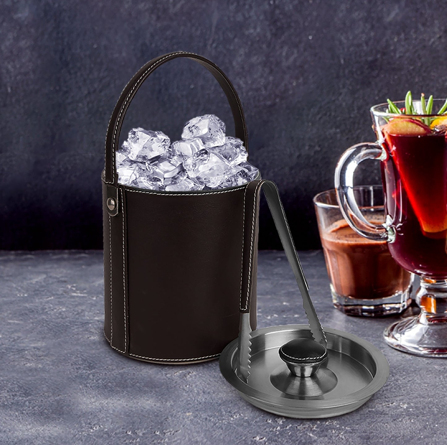 Leather-clad Ice Bucket with Tongs - Smooth Stitch - Brown