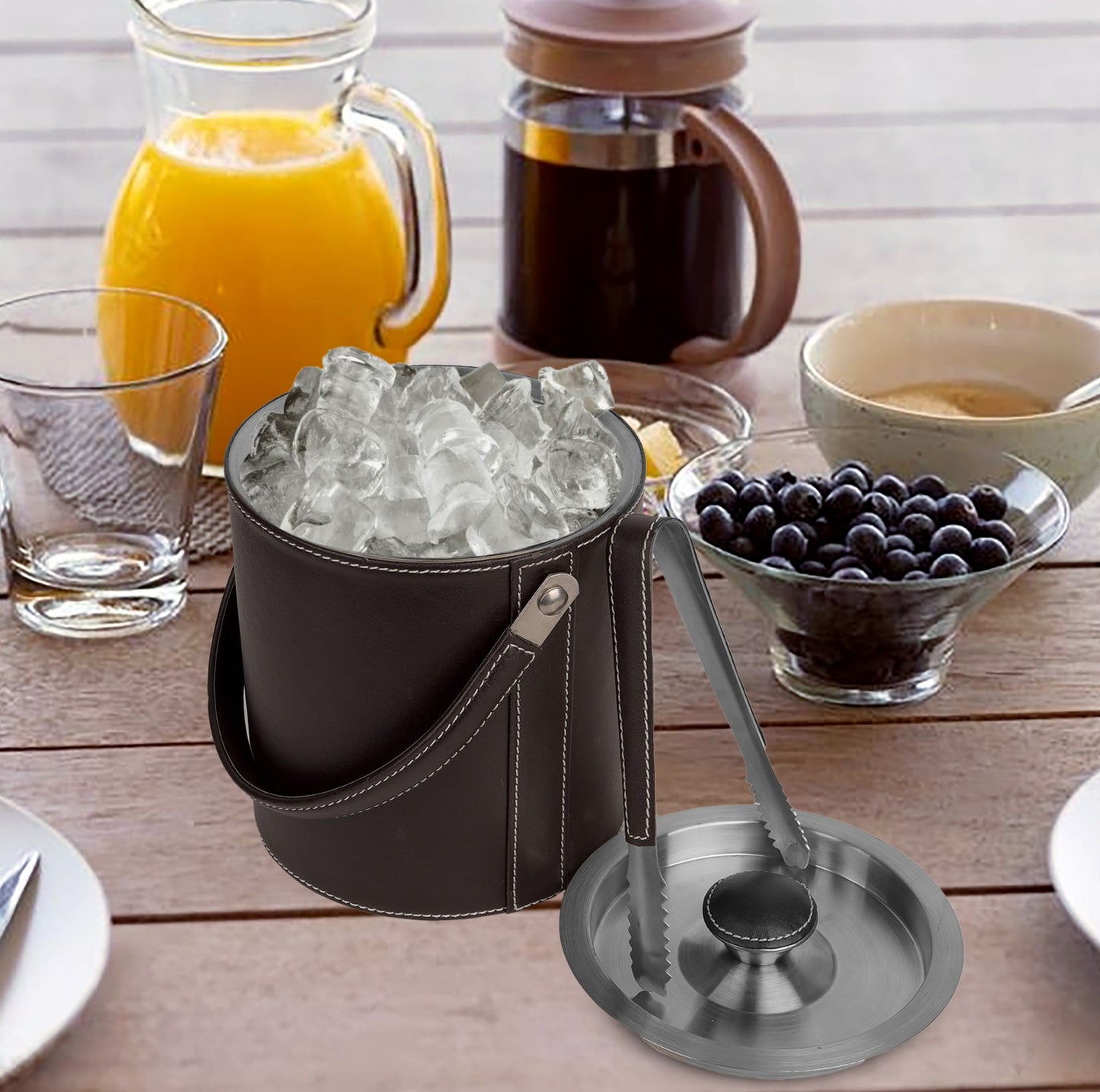 Leather-clad Ice Bucket with Tongs - Smooth Stitch - Brown
