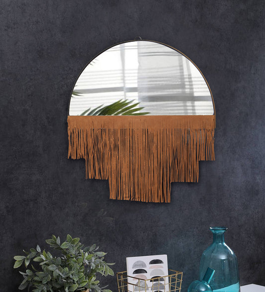 Brown Fringe Tassle Wall Mirror with Wooden Frame - Circular